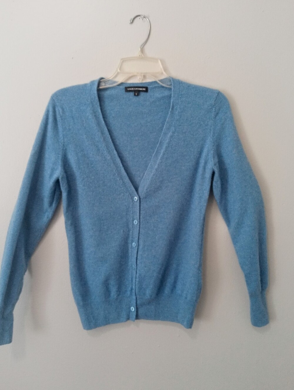 State Cashmere Blue Cardigan Sweater 100% Cashmere V-Neck Long Sleeve Button Up